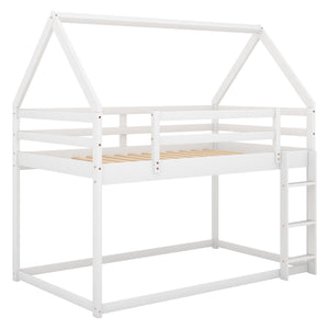 English Elm Twin Low Bunk Bed House Frame with Ladder, Pine & MDF Durable Construction for Kids' Cozy Playroom White WF285733AAK
