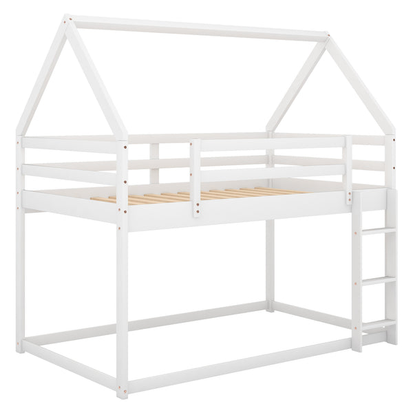 English Elm Twin Low Bunk Bed House Frame with Ladder, Pine & MDF Durable Construction for Kids' Cozy Playroom White WF285733AAK