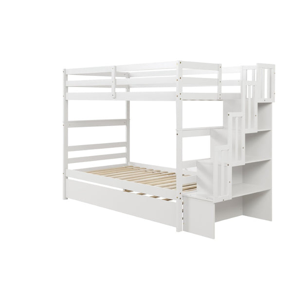 English Elm Twin Over Bunk Bed with Trundle Staircase Storage Steps White Pine Frame W697S00011