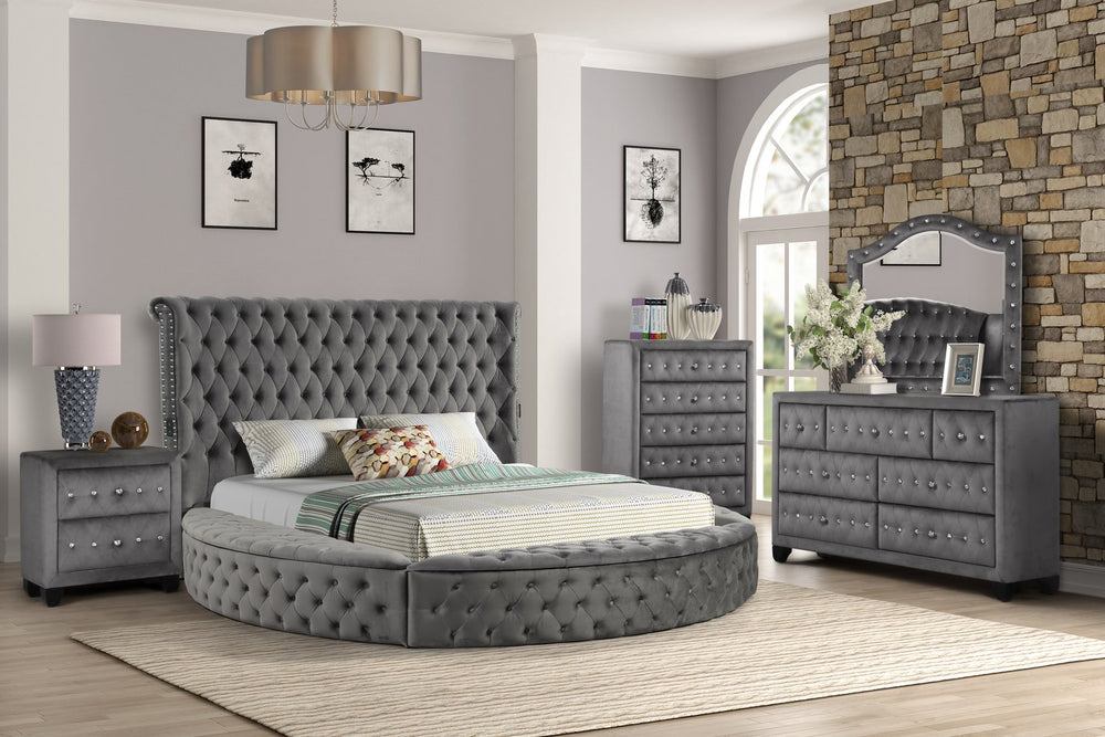 English Elm HAZEL Queen 5PC Tufted Velvet Bedroom Set with Storage, Speakers & USB Ports in Gray Elegance B009S02087