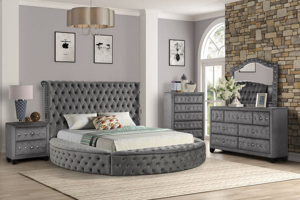 English Elm HAZEL Queen 5PC Tufted Velvet Bedroom Set with Storage, Speakers & USB Ports in Gray Elegance B009S02087