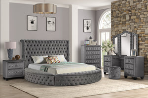 English Elm Queen Hazel 5PC Vanity Bedroom Set Tufted Velvet Gray, Solid Wood, Hidden Footboard Storage, USB Speakers 659436069657