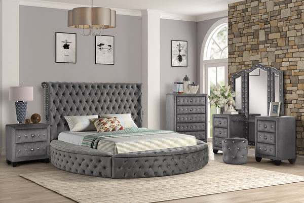 English Elm Queen Hazel 5PC Vanity Bedroom Set Tufted Velvet Gray, Solid Wood, Hidden Footboard Storage, USB Speakers 659436069657