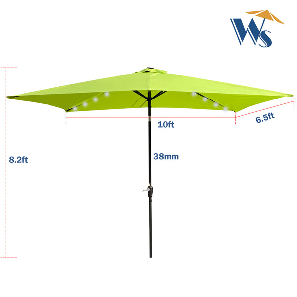 English Elm 10 Rectangular 10x6.5ft Solar LED Patio Umbrella with Crank, Push-Button Tilt, UV40+ Weatherproof Design Lime green W65638634