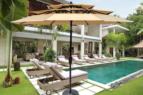 English Elm 9ft Tiered Outdoor Patio Umbrella with Wind Vents Crank Tilt Upf 40 Pool Deck Tan W65627936