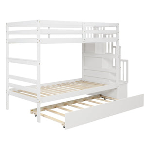 English Elm Twin Over Bunk Bed with Trundle Staircase Storage Steps White Pine Frame W697S00011