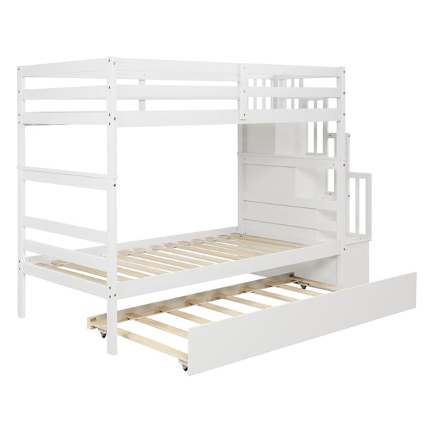 English Elm Twin Over Bunk Bed with Trundle Staircase Storage Steps White Pine Frame W697S00011
