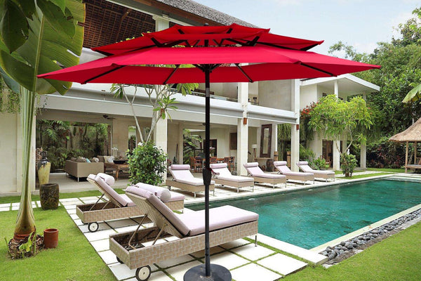 English Elm 9ft Tiered Outdoor Patio Umbrella with Wind Vents Crank Tilt Upf 40 Pool Deck Red W65627937