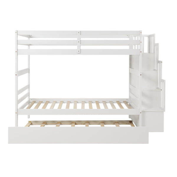 English Elm Twin Over Bunk Bed with Trundle Staircase Storage Steps White Pine Frame W697S00011