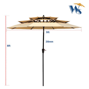 English Elm 9ft Tiered Outdoor Patio Umbrella with Wind Vents Crank Tilt Upf 40 Pool Deck Tan W65627936