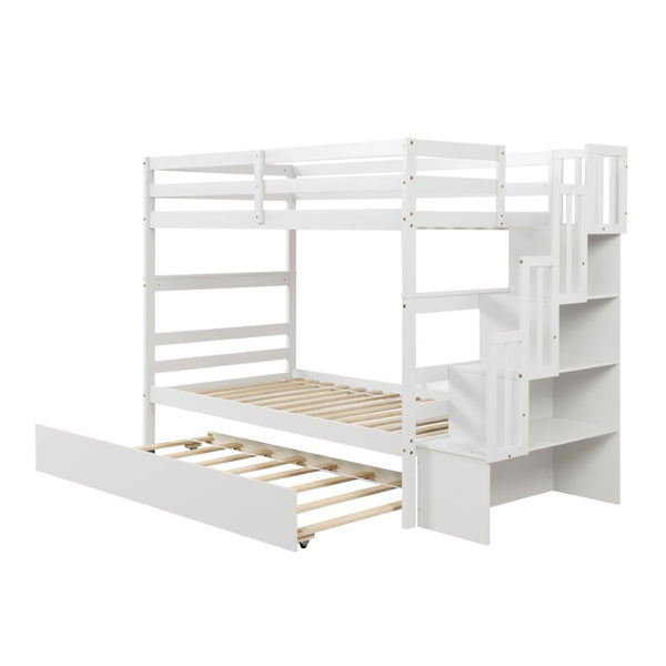 English Elm Twin Over Bunk Bed with Trundle Staircase Storage Steps White Pine Frame W697S00011