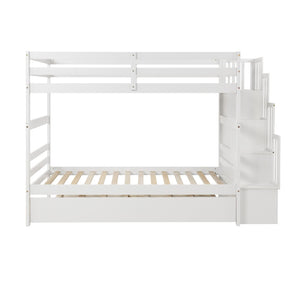 English Elm Twin Over Bunk Bed with Trundle Staircase Storage Steps White Pine Frame W697S00011