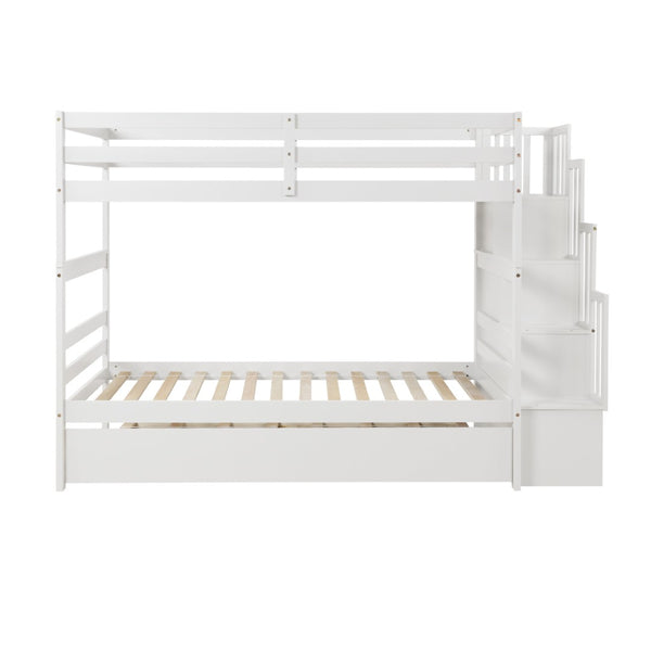 English Elm Twin Over Bunk Bed with Trundle Staircase Storage Steps White Pine Frame W697S00011