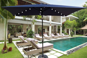 English Elm 10 Rectangular 10x6.5ft Solar LED Patio Umbrella with Crank, Push-Button Tilt, UV40+ Weatherproof Design Navy Blue W65638632