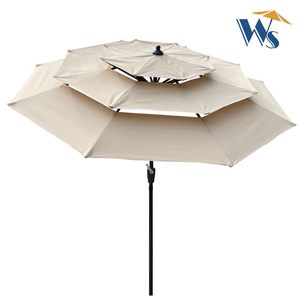English Elm 9ft Tiered Outdoor Patio Umbrella with Wind Vents Crank Tilt Upf 40 Pool Deck Tan W65627936
