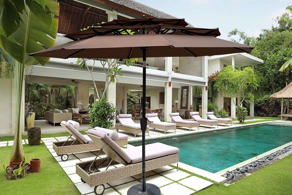 English Elm 9ft Tiered Outdoor Patio Umbrella with Wind Vents Crank Tilt Upf 40 Pool Deck Chocolate W65627938