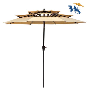 English Elm 9ft Tiered Outdoor Patio Umbrella with Wind Vents Crank Tilt Upf 40 Pool Deck Tan W65627936