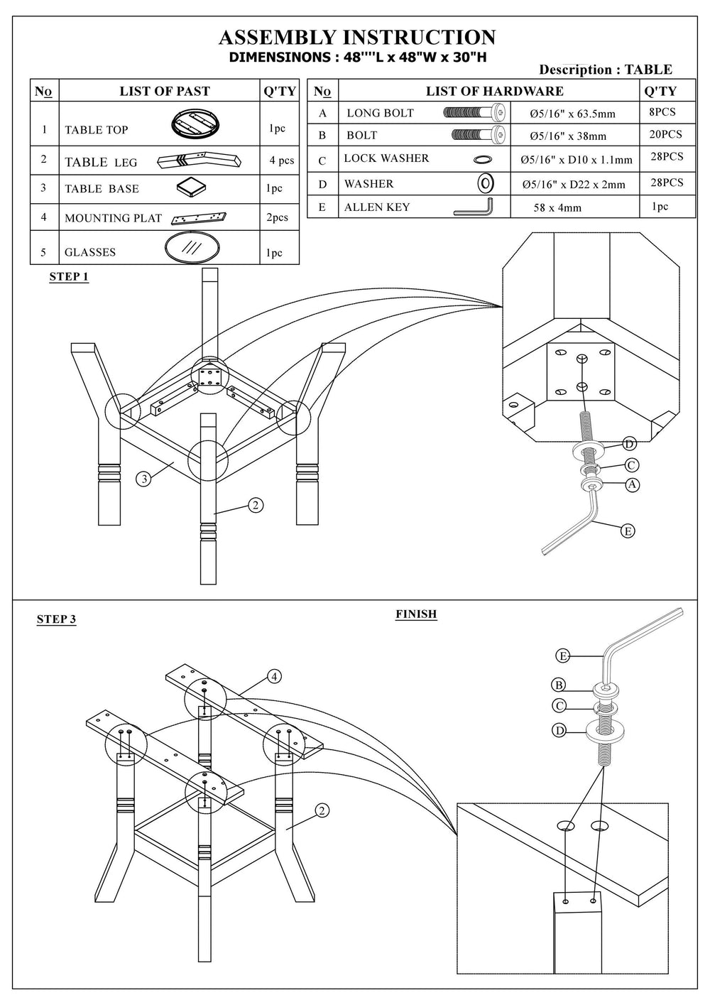 English Elm Round 48" Dining Table Silver Grey Finish Rubberwood Frame with Center Glass Top & Lower Shelf Elegance HS00F2428-ID-AHD