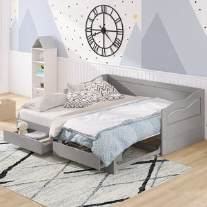 English Elm Wooden Twin Daybed with Pull Out Trundle and Dual Storage Drawers for Guest Rooms Gray LP000519AAE-1