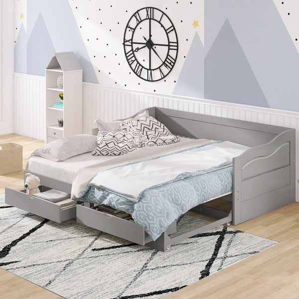English Elm Wooden Twin Daybed with Pull Out Trundle and Dual Storage Drawers for Guest Rooms Gray LP000519AAE-1