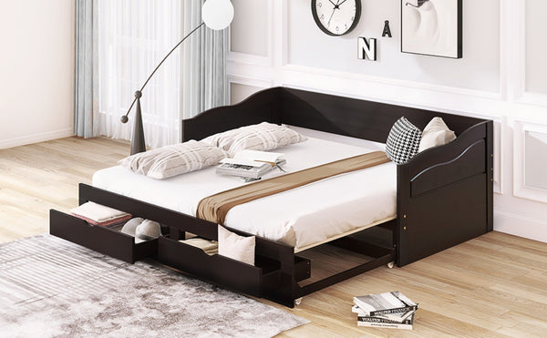 English Elm Wooden Twin Daybed with Pull Out Trundle and Dual Storage Drawers for Guest Rooms Espresso LP000519AAP-1