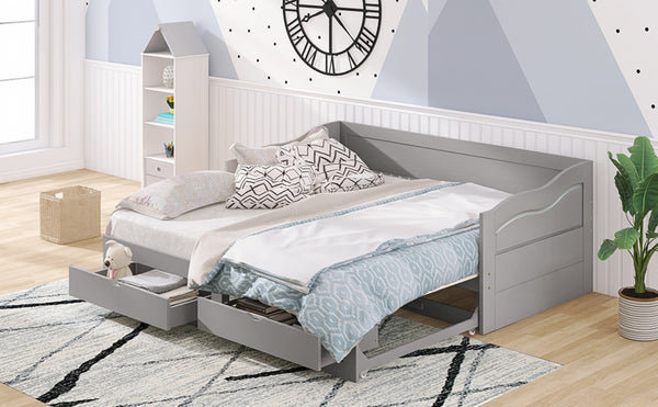 English Elm Wooden Twin Daybed with Pull Out Trundle and Dual Storage Drawers for Guest Rooms Gray LP000519AAE-1