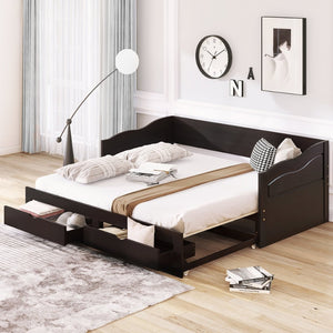 English Elm Wooden Twin Daybed with Pull Out Trundle and Dual Storage Drawers for Guest Rooms Espresso LP000519AAP-1