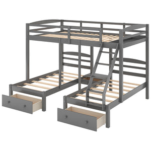English Elm Full Full over Twin & Twin Triple Bunk Bed with Drawers, Gray — Space-Saving Pine Wood, Guardrail, 400lb Capacity GX000233AAE