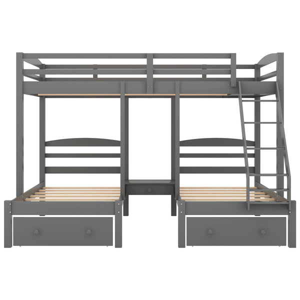 English Elm Full Full over Twin & Twin Triple Bunk Bed with Drawers, Gray — Space-Saving Pine Wood, Guardrail, 400lb Capacity GX000233AAE