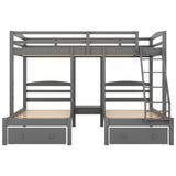 Hearth and Haven Full over Twin & Twin, Triple Bunk Bed with Drawers, Grey
