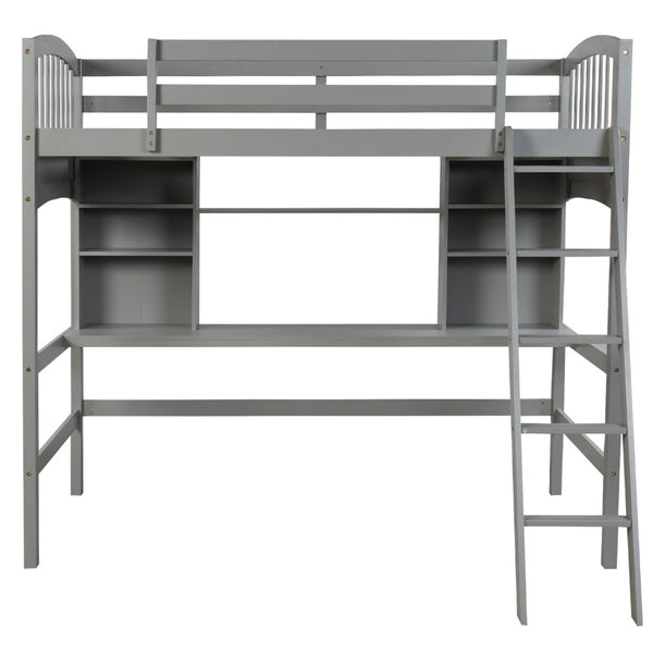 English Elm Twin Loft Bed with Built-in Desk Open Shelves and Ladder for Kids Bedroom LT000140EAA