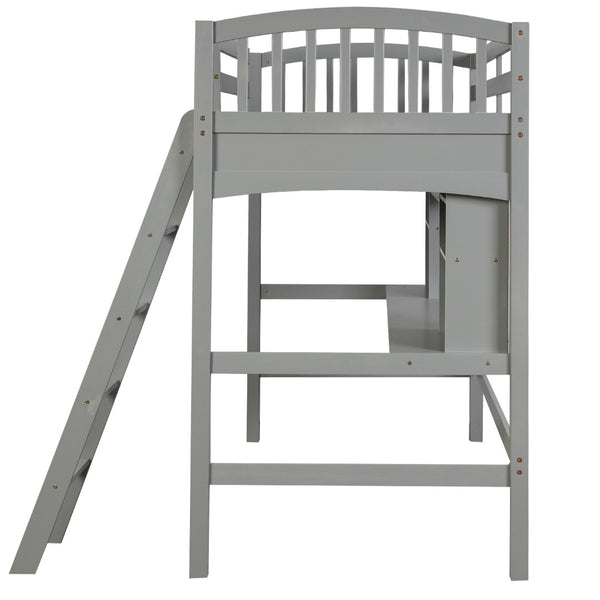 English Elm Twin Loft Bed with Built-in Desk Open Shelves and Ladder for Kids Bedroom LT000140EAA