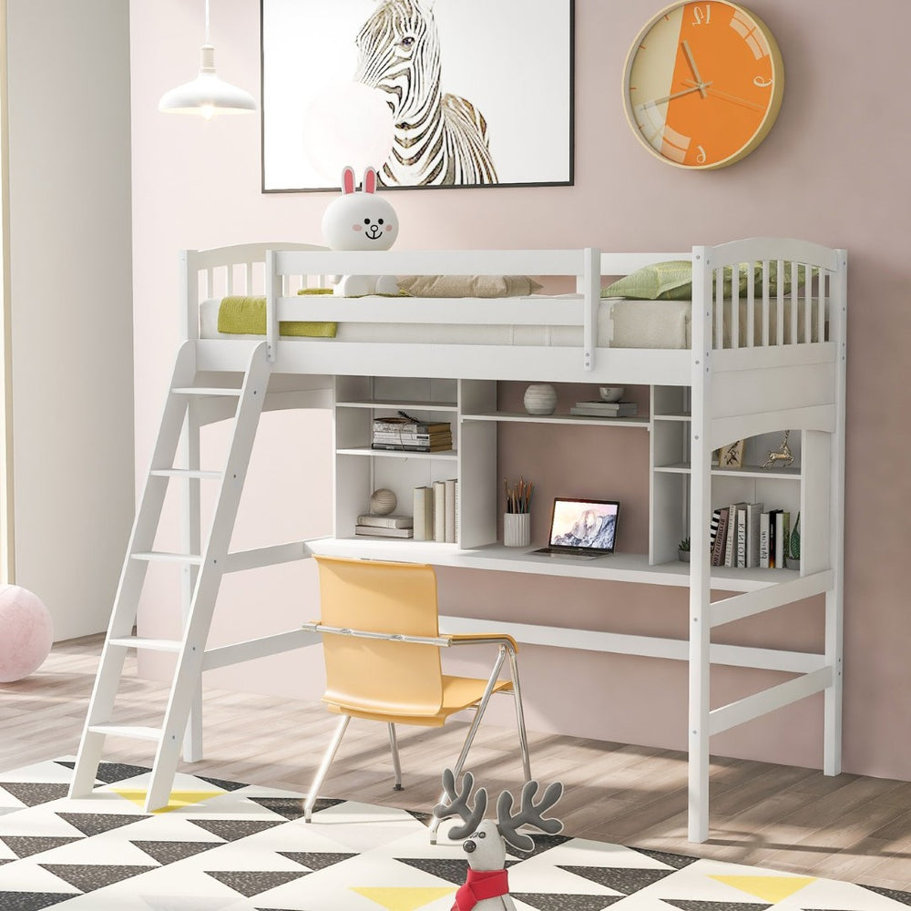 English Elm Twin Loft Bed with Built-in Desk Corner Shelves and Ladder Solid Pine White Frame LT100140KAA