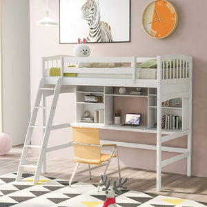 English Elm Twin Loft Bed with Built-in Desk Corner Shelves and Ladder Solid Pine White Frame LT100140KAA