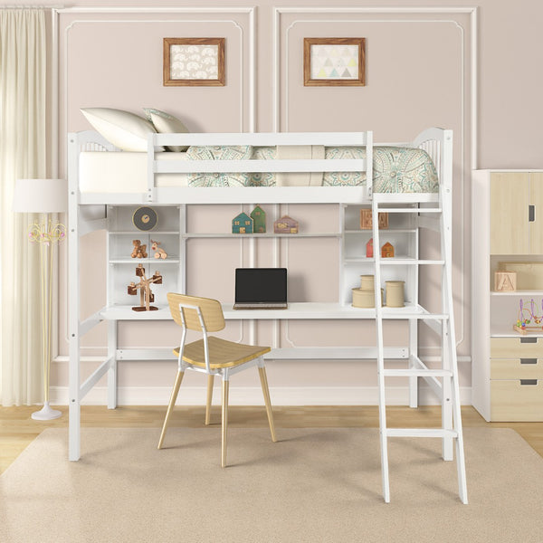 English Elm Twin Loft Bed with Built-in Desk Corner Shelves and Ladder Solid Pine White Frame LT100140KAA