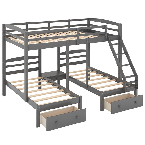 English Elm Full Full over Twin & Twin Triple Bunk Bed with Drawers, Gray — Space-Saving Pine Wood, Guardrail, 400lb Capacity GX000233AAE