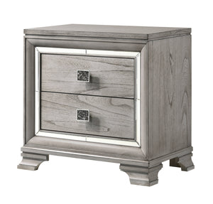 English Elm Contemporary Metal-Glide Nightstand 30" x17.5" x29.4" Light Gray-Brown Finish with 2 Drawers, Mirrored Accents and Solid Wood Charm ESFCRMB7200-2