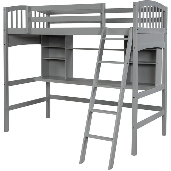 English Elm Twin Loft Bed with Built-in Desk Open Shelves and Ladder for Kids Bedroom LT000140EAA