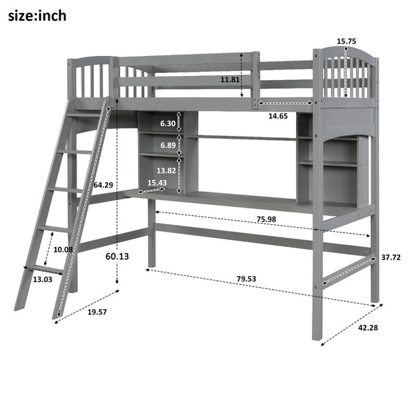 English Elm Twin Loft Bed with Built-in Desk Open Shelves and Ladder for Kids Bedroom LT000140EAA