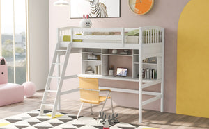 English Elm Twin Loft Bed with Built-in Desk Corner Shelves and Ladder Solid Pine White Frame LT100140KAA