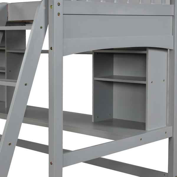 English Elm Twin Loft Bed with Built-in Desk Open Shelves and Ladder for Kids Bedroom LT000140EAA