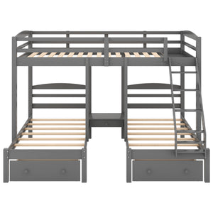 English Elm Full Full over Twin & Twin Triple Bunk Bed with Drawers, Gray — Space-Saving Pine Wood, Guardrail, 400lb Capacity GX000233AAE