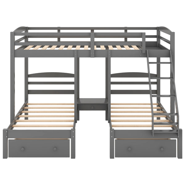 English Elm Full Full over Twin & Twin Triple Bunk Bed with Drawers, Gray — Space-Saving Pine Wood, Guardrail, 400lb Capacity GX000233AAE