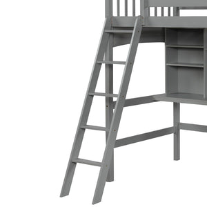 English Elm Twin Loft Bed with Built-in Desk Open Shelves and Ladder for Kids Bedroom LT000140EAA