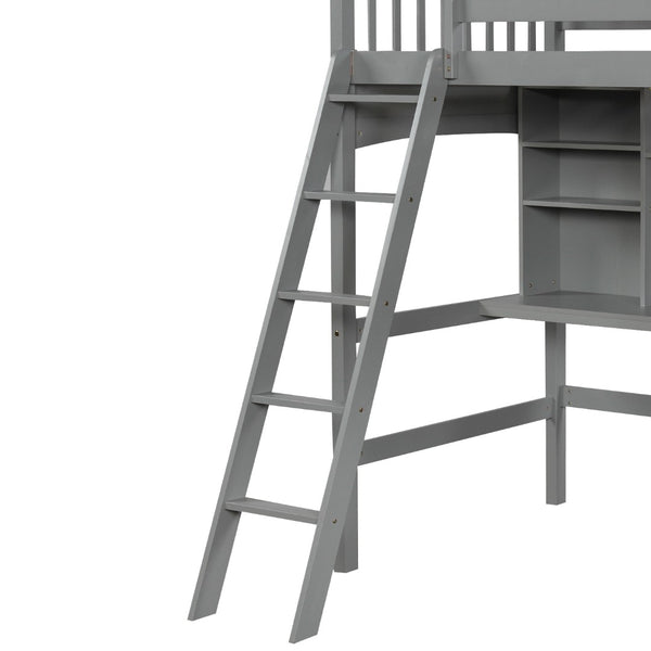 English Elm Twin Loft Bed with Built-in Desk Open Shelves and Ladder for Kids Bedroom LT000140EAA