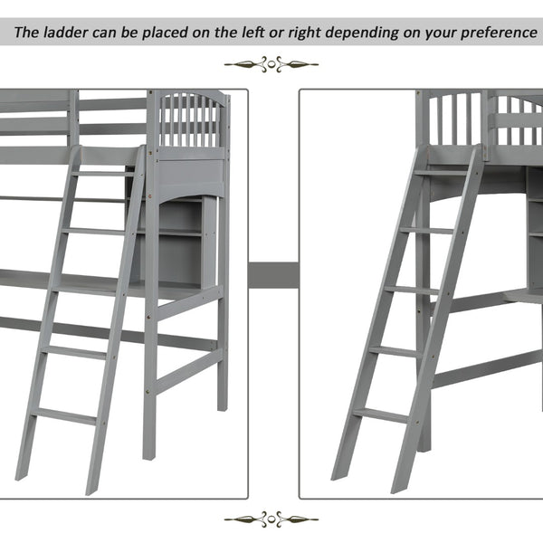 English Elm Twin Loft Bed with Built-in Desk Open Shelves and Ladder for Kids Bedroom LT000140EAA