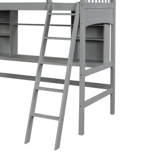 English Elm Twin Loft Bed with Built-in Desk Open Shelves and Ladder for Kids Bedroom LT000140EAA