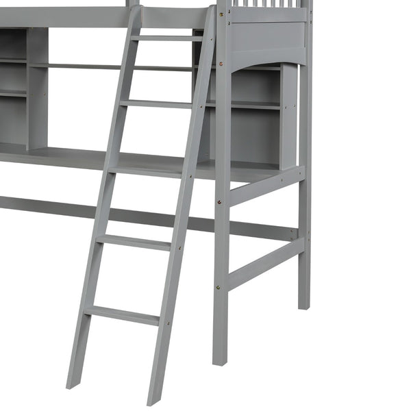 English Elm Twin Loft Bed with Built-in Desk Open Shelves and Ladder for Kids Bedroom LT000140EAA