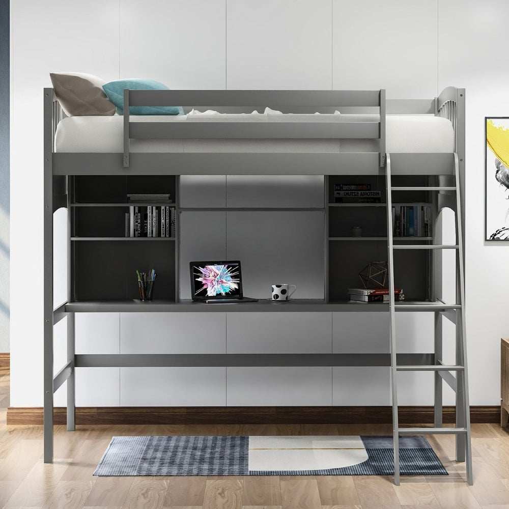 English Elm Twin Loft Bed with Built-in Desk Open Shelves and Ladder for Kids Bedroom LT000140EAA