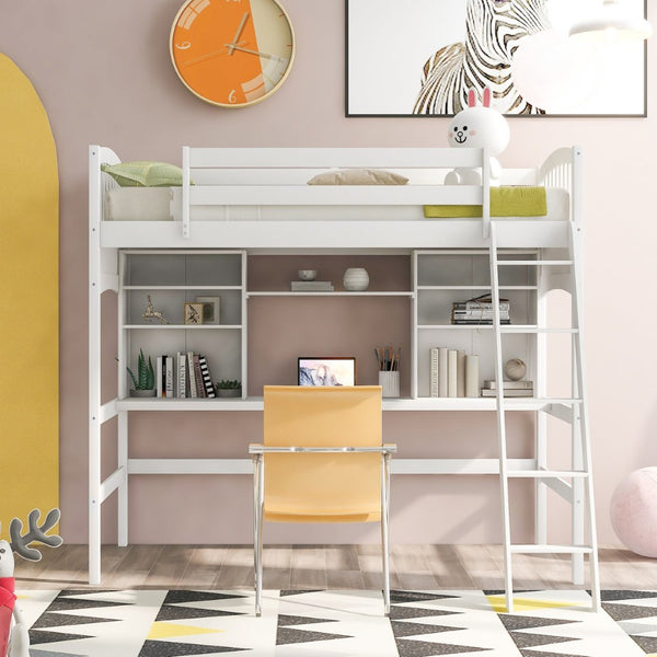English Elm Twin Loft Bed with Built-in Desk Corner Shelves and Ladder Solid Pine White Frame LT100140KAA